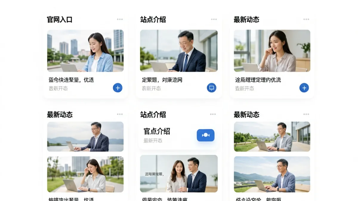 俺去也官网门户首页全景示意图，展示各栏目入口卡片与聚合导航界面